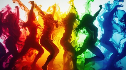 A Close-up Shot of a Vividly colored silhouettes of diverse individuals in motion