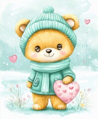 A charming teddy bear dons a cozy blue hat and scarf, cradling a bright red heart, perfect for spreading love this Valentine's Day.