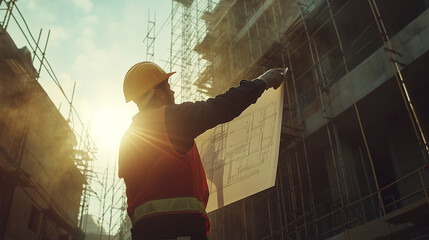 Fototapeta premium Engineer on site reviewing blueprints at construction site