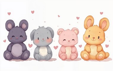 Naklejka premium Three adorable teddy bears cuddle together, surrounded by vibrant hearts, radiating warmth and love on Valentine's Day.