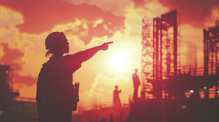 Silhouetted engineer pointing towards horizon at sunset