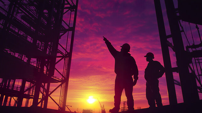 Silhouetted engineers pointing at sunset on construction site