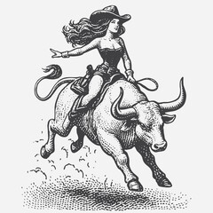 Cowgirl in full rodeo action, riding bull.