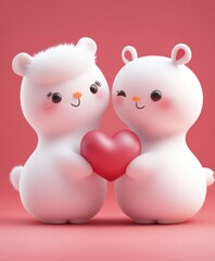 Two adorable white bears embrace a vibrant red heart, symbolizing love and affection on this enchanting Valentine's Day.