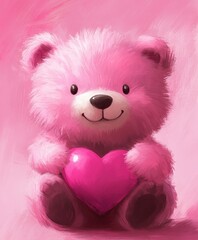 A whimsical pink teddy bear cradles a vibrant pink heart, radiating love and warmth, perfect for celebrating Valentine's Day.