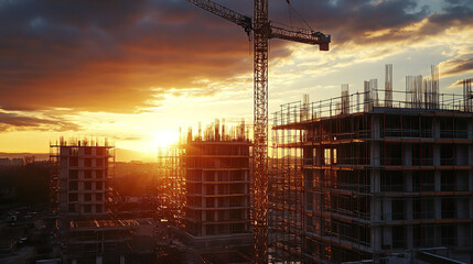Sunset casting dramatic light over construction site with cranes