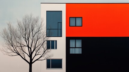 Modern architectural facade with bold orange and black accents and a tree silhouette