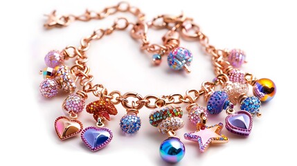 A charm bracelet adorned with rainbow-colored charms on white.