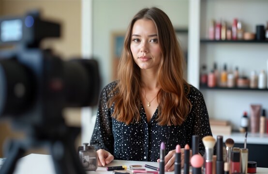 Beauty influencer films makeup tutorial. Woman with long hair demonstrates makeup application skills. Cosmetic products arranged on table. Influencer filming tutorial in home studio. Trendy lifestyle