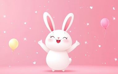 A charming white rabbit poses adorably against a soft pink backdrop, embodying the playful spirit of love and affection this Valentine's Day.
