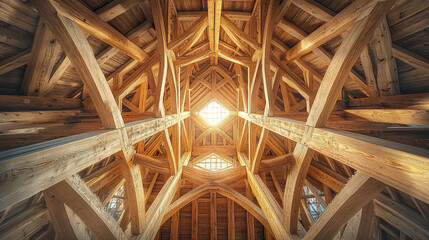 Wooden beams form intricate ceiling structure with natural light