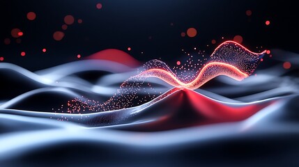 Abstract glowing red wave particles flowing over a dark blue and white landscape.