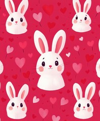 A whimsical scene filled with playful white rabbits adorned with pink hearts, set against a vibrant red backdrop, celebrating love and joy on Valentine's Day.
