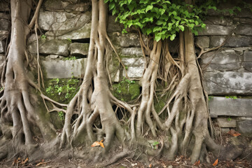 Wall covered in roots and ivy.