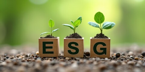 ESG Growth:  Young plants sprout from wooden blocks spelling out "ESG" against a backdrop of lush greenery. This image symbolizes sustainable growth, ethical investments.
