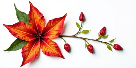 Fiery Floral Arrangement: A vibrant, stylized lily blossom blooms with a fiery orange and red color scheme,  a branch of bright red chili peppers.Diwali, makar sankranti, holi, new year