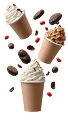 Fototapeta premium Three cups of ice cream with chocolate sprinkles and red candies in the air