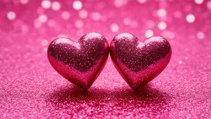 Fototapeta premium Two Hearts On Pink Glitter for Valentine's Day Concept.