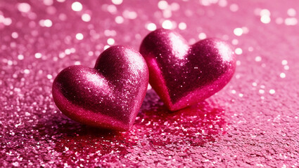 Obraz premium Two Hearts On Pink Glitter for Valentine's Day Concept.