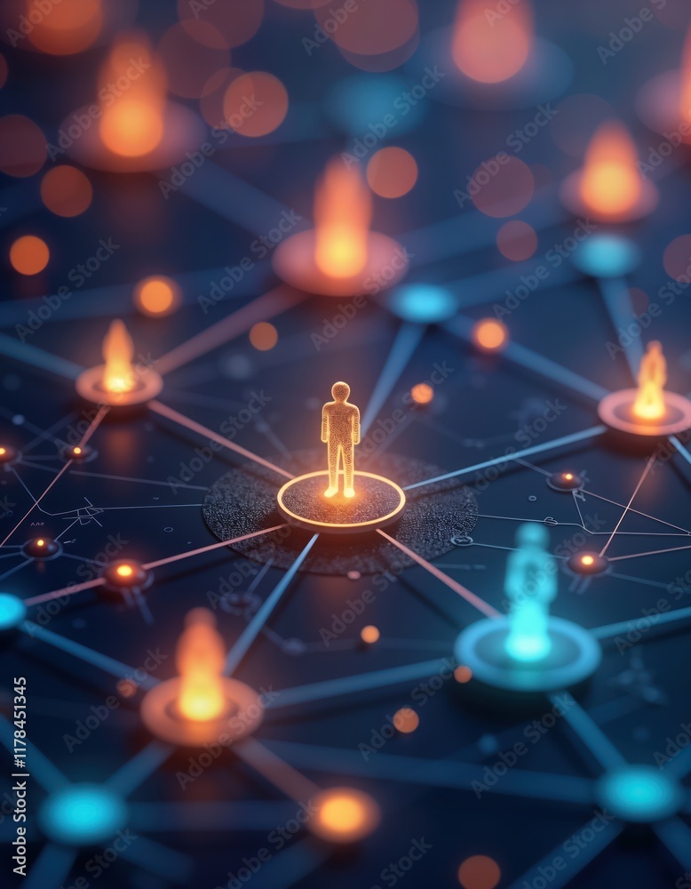 Poster illustration shows interconnected nodes representing business network expansion. abstract graphic vi