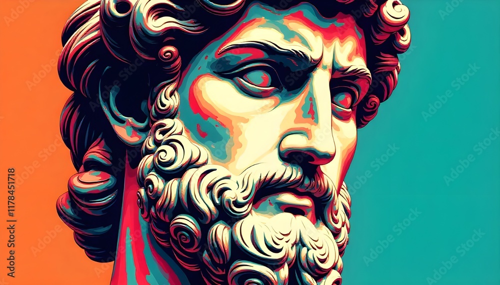 Poster an interpretation of the ancient david sculpture's face in a vibrant pop art style, featuring bold c