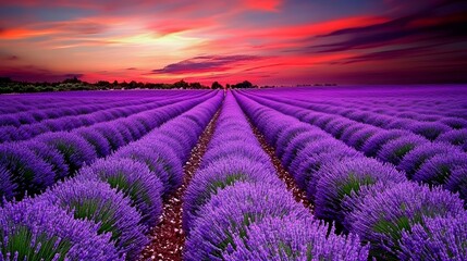 Obraz premium A serene lavender field under the twilight sky, with rows of purple flowers stretching to the horizon. captures the tranquility and beauty of nature