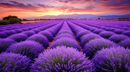 Obraz premium A serene lavender field under the twilight sky, with rows of purple flowers stretching to the horizon. captures the tranquility and beauty of nature