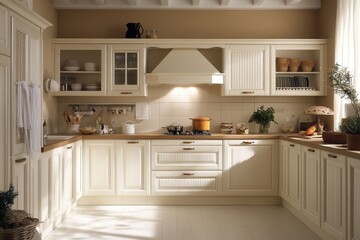 Fototapeta premium Cream-colored kitchen with wooden countertops, classic cabinets, and a beige backsplash. Ideal for websites or articles about home design, kitchens, or interior decorating.