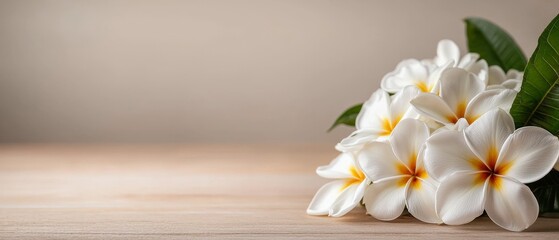 Obraz premium Serene White Plumeria Flowers on Wood Table