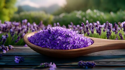 Fototapeta premium Lavender Infused Relaxation, a wooden spoon rests beside fragrant lavender bath salts, evoking tranquility and self-care rituals.