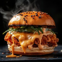 Deliciously cheesy burger with crispy chicken.