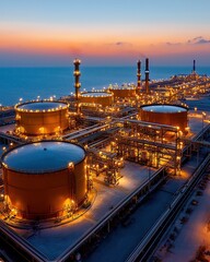 Aerial view of oil gas terminal concept, Aerial view of an expansive oil and gas terminal with storage tanks, pipelines, and loading docks along the coastline during sunset
