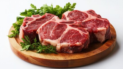 Fototapeta premium Fresh cut meats on a wooden platter.