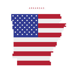 Arkansas pixel flag map icon. 8 bit pixel art map covered with american flag. Flat vector illustration isolated on white background.