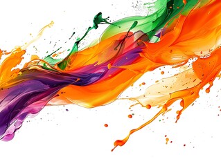 Fototapeta premium Bright splashes of orange, green, and purple creating a dynamic abstract design on a solid white background.