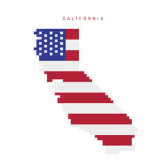 Obraz premium California pixel flag map icon. 8 bit pixel art map covered with american flag. Flat vector illustration isolated on white background.
