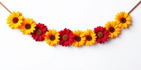Fototapeta premium Sunflowers and Red Flowers Garland: A cheerful garland of felt sunflowers and red flowers, perfect for adding a touch of autumnal charm to any space. Diwali, makar sankranti, holi, new year