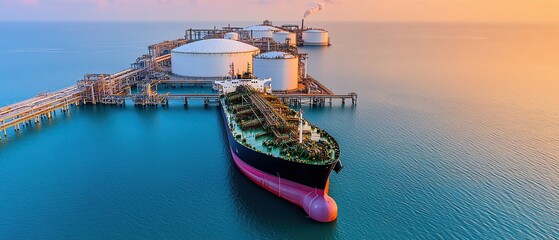 Aerial view of oil gas terminal concept, Wide aerial view of a liquefied natural gas terminal with massive cooling tanks and a ship being loaded
