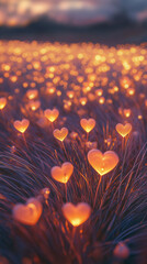 A golden hour Valentine&rsquo;s field with tiny glowing heart-shaped flowers swaying in the breeze
