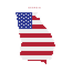 Georgia pixel flag map icon. 8 bit pixel art map covered with american flag. Flat vector illustration isolated on white background.