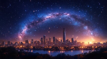 A stunning cityscape under a starry sky, showcasing a vibrant urban skyline and cosmic beauty.
