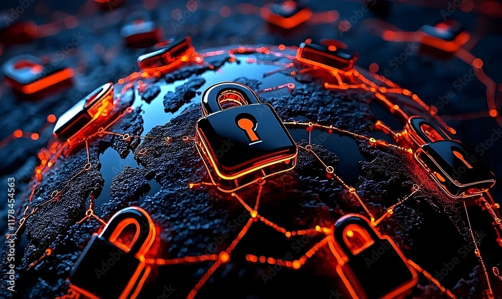 Poster global network security concept, visualizes interconnected systems with security elements, highlight