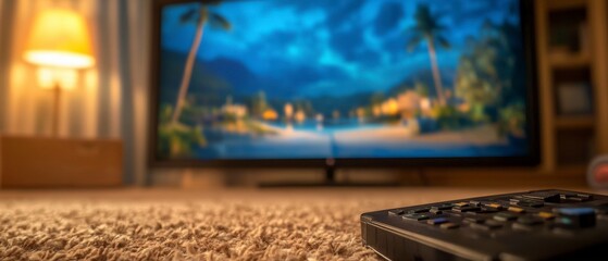 Obraz premium Relaxing Evening TV Remote on Carpet Tropical Beach on Screen