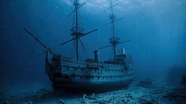 sunked pirate ship on bottom of ocean sea