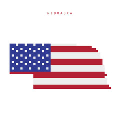 Nebraska pixel flag map icon. 8 bit pixel art map covered with american flag. Flat vector illustration isolated on white background.