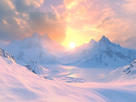 A serene snowy mountain landscape at sunrise, with soft light reflecting on the peaks and untouched snowfields below
