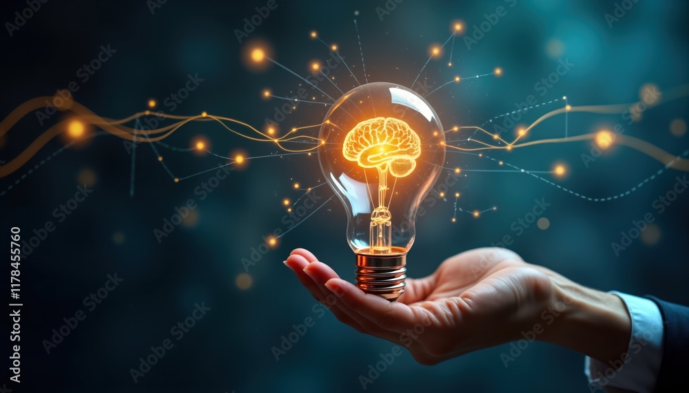 Poster business person holds lightbulb with glowing brain inside. virtual connection lines show creative sm