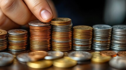 A close-up of a hand stacking coins in ascending order, showcasing currency organization.