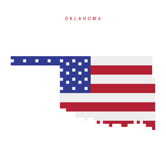 Oklahoma pixel flag map icon. 8 bit pixel art map covered with american flag. Flat vector illustration isolated on white background.