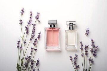 Front view of two bottles, one with a white label and the other in pink glass with lavender flowers around it on a white background. Product photography, 